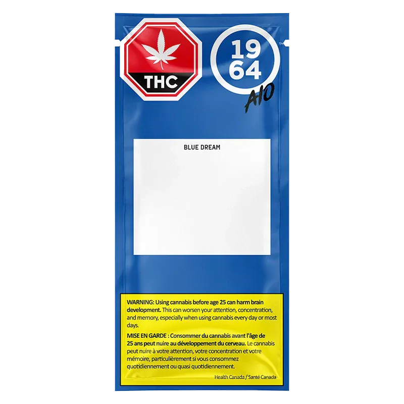 Front-facing shot of a blue pouch labeled Blue Dream FSE Resin Disposable Vape with a white blank label, THC symbol, and yellow warning box.