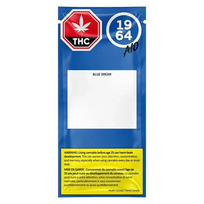 Front-facing shot of a blue pouch labeled Blue Dream FSE Resin Disposable Vape with a white blank label, THC symbol, and yellow warning box.