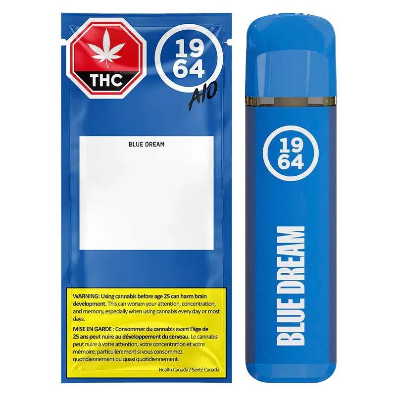 Front-facing product shot of the Blue Dream FSE Resin Disposable Vape and its matching blue foil pouch, both labeled "1964" and "BLUE DREAM".