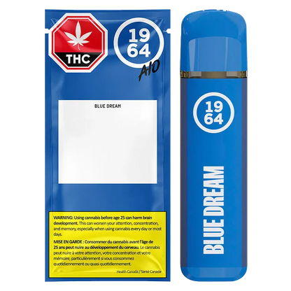 Front-facing product shot of the Blue Dream FSE Resin Disposable Vape and its matching blue foil pouch, both labeled "1964" and "BLUE DREAM".