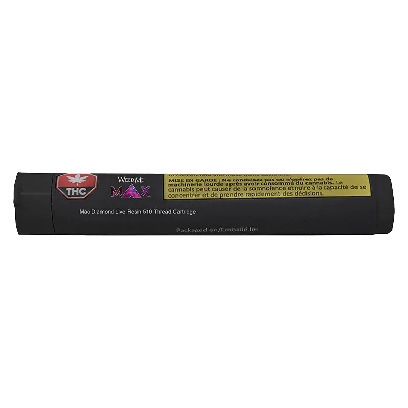 Side-on view of a matte black tube labeled "Mac Diamond Live Resin Vape Cartridge" with a yellow warning strip and THC logo.