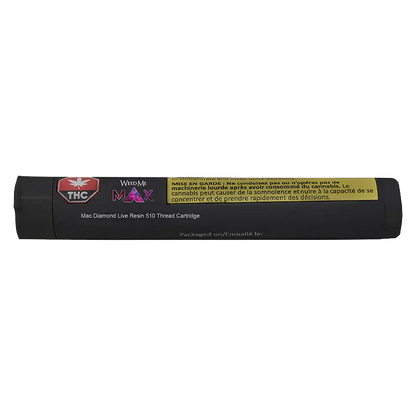 Side-on view of a matte black tube labeled "Mac Diamond Live Resin Vape Cartridge" with a yellow warning strip and THC logo.