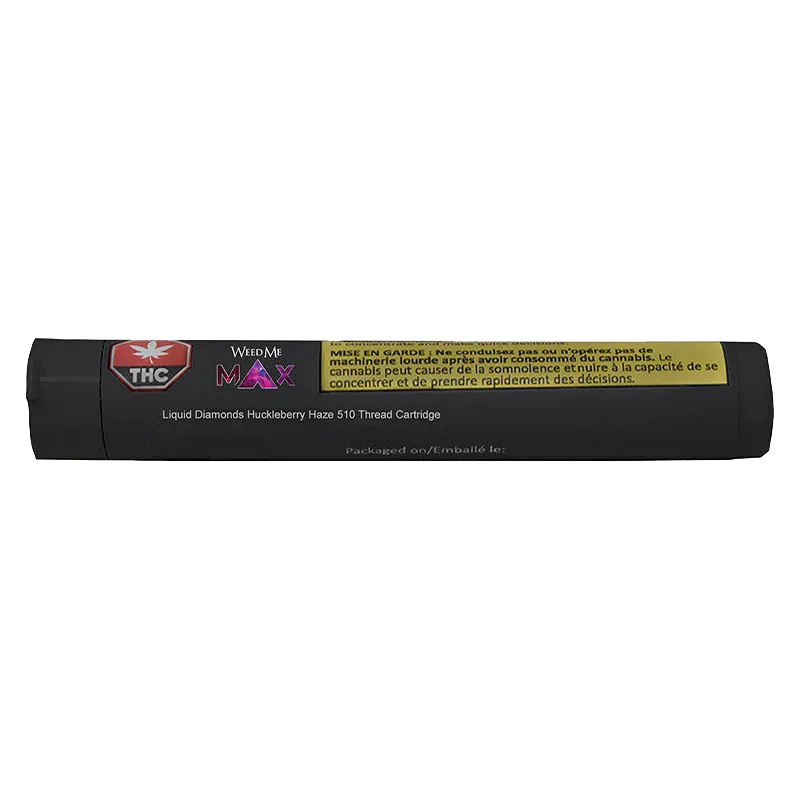 Straight-on view of a black Liquid Diamonds Huckleberry Haze Vape Cartridge tube with a yellow warning label and THC badge.
