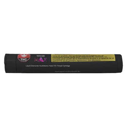 Straight-on view of a black Liquid Diamonds Huckleberry Haze Vape Cartridge tube with a yellow warning label and THC badge.