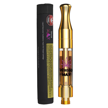 Straight-on product shot of a gold cartridge beside black packaging, showing the Liquid Diamonds Huckleberry Haze Vape Cartridge branding and purple leaf logo.
