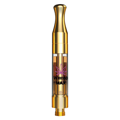 Straight-on product shot of the Liquid Diamonds Huckleberry Haze Vape Cartridge showing its gold mouthpiece and clear tank with amber oil.