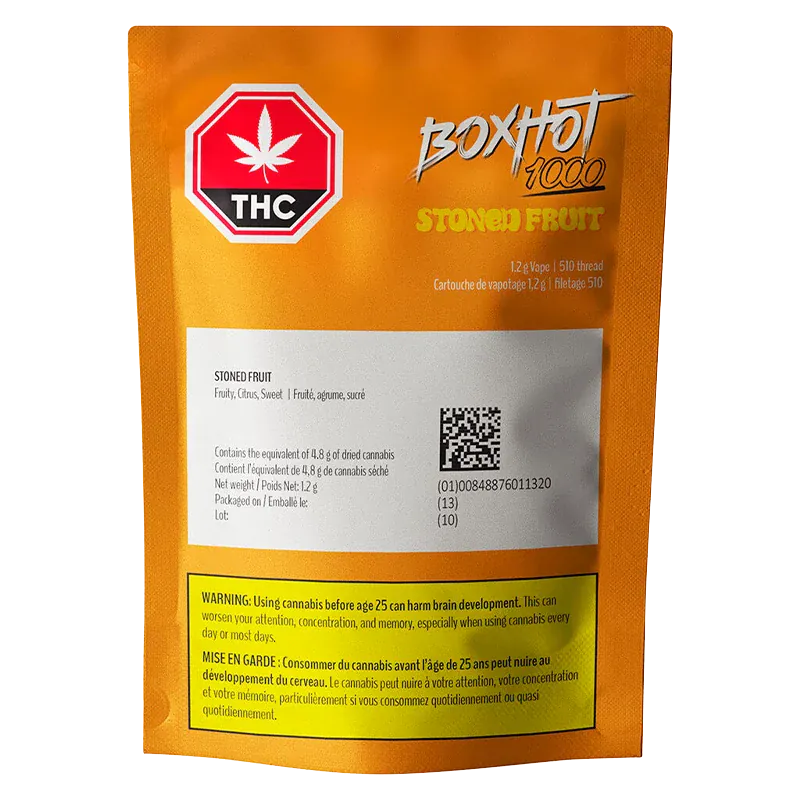Front-facing shot of the orange BoxHot 1000 Stoned Fruit Vape Cartridge pouch with a THC symbol, QR code, and warning panel.