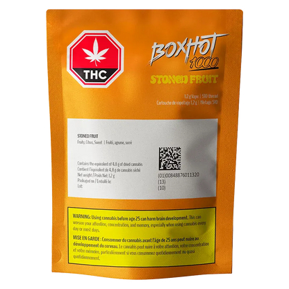 Front-facing shot of the orange BoxHot 1000 Stoned Fruit Vape Cartridge pouch with a THC symbol, QR code, and warning panel.