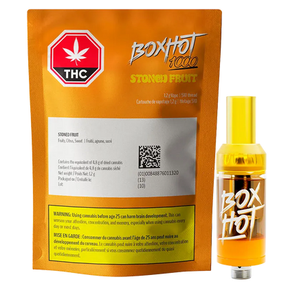 Front-facing shot of the BoxHot 1000 Stoned Fruit Vape Cartridge package and yellow cartridge against a white background.