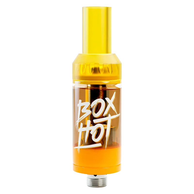 Centered front view of the Stoned Fruit Vape Cartridge with translucent yellow housing and "BOX HOT" white script on a white background