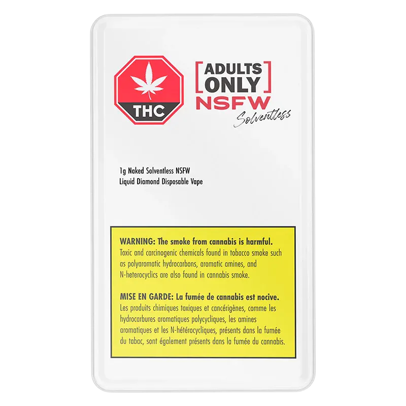 Top-down view of the white packaging for Naked Solventless NSFW Liquid Diamond Disposable Vape showing an "Adults Only NSFW" logo and a yellow THC warning panel.