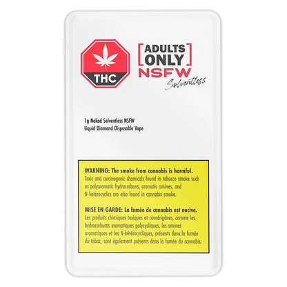 Top-down view of the white packaging for Naked Solventless NSFW Liquid Diamond Disposable Vape showing an "Adults Only NSFW" logo and a yellow THC warning panel.