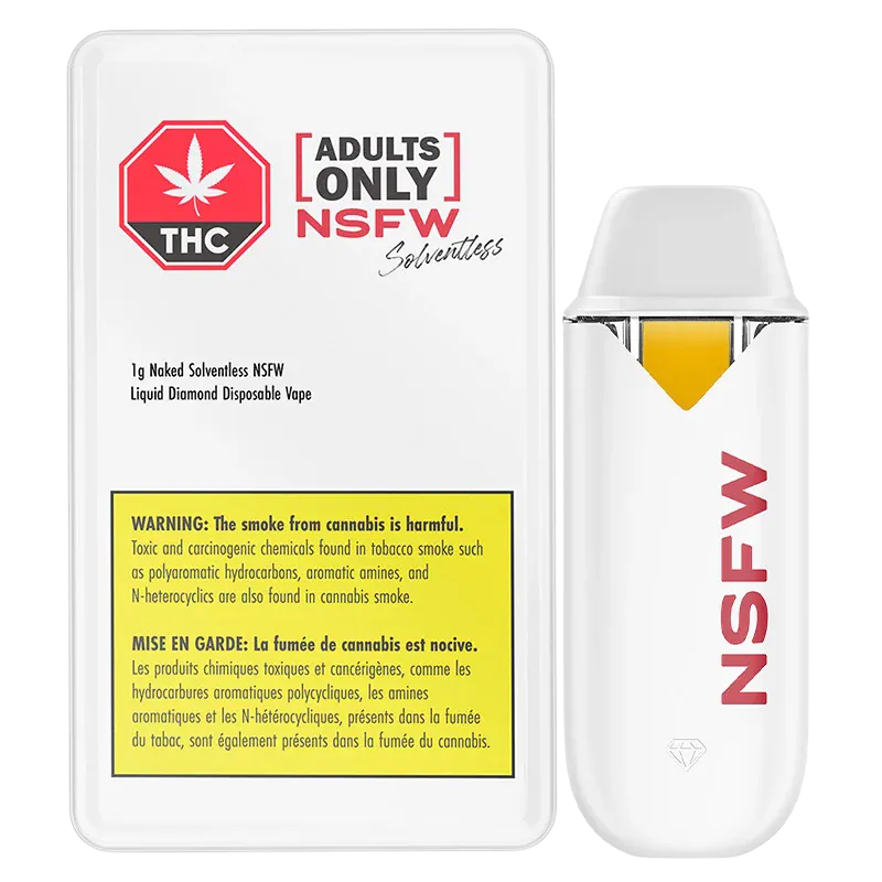Front view of the Naked Solventless NSFW Liquid Diamond Disposable Vape 1 g cartridge and its white packaging with red NSFW branding and a yellow warning box.