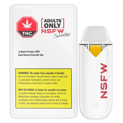 Front view of the Naked Solventless NSFW Liquid Diamond Disposable Vape 1 g cartridge and its white packaging with red NSFW branding and a yellow warning box.