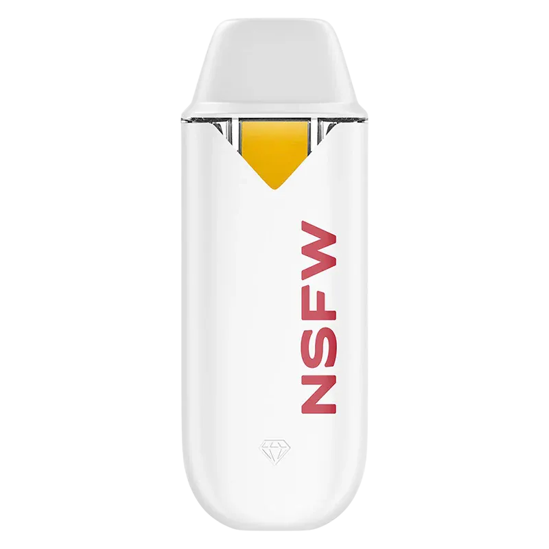 Top-down view of a white Naked Solventless NSFW Liquid Diamond Disposable Vape showing its yellow cartridge window and red "NSFW" logo on a plain white background