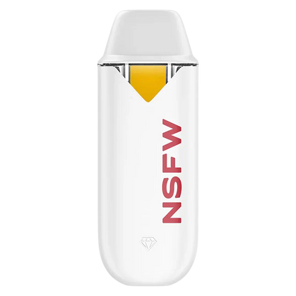 Top-down view of a white Naked Solventless NSFW Liquid Diamond Disposable Vape showing its yellow cartridge window and red "NSFW" logo on a plain white background