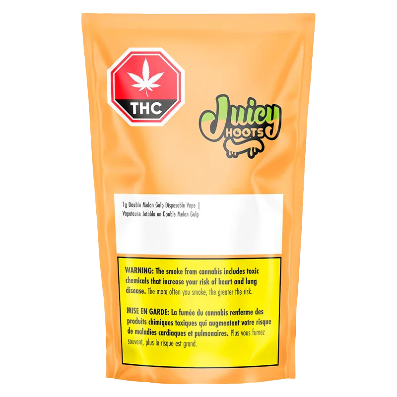 Front-facing shot of the orange pouch packaging labeled "Double Melon Gulp Disposable Vape" with a Juicy Hoots logo and THC warning panel.