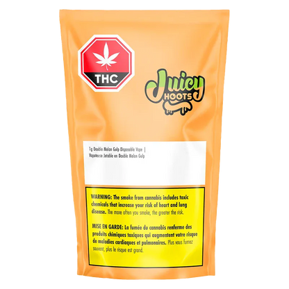 Front-facing shot of the orange pouch packaging labeled "Double Melon Gulp Disposable Vape" with a Juicy Hoots logo and THC warning panel.