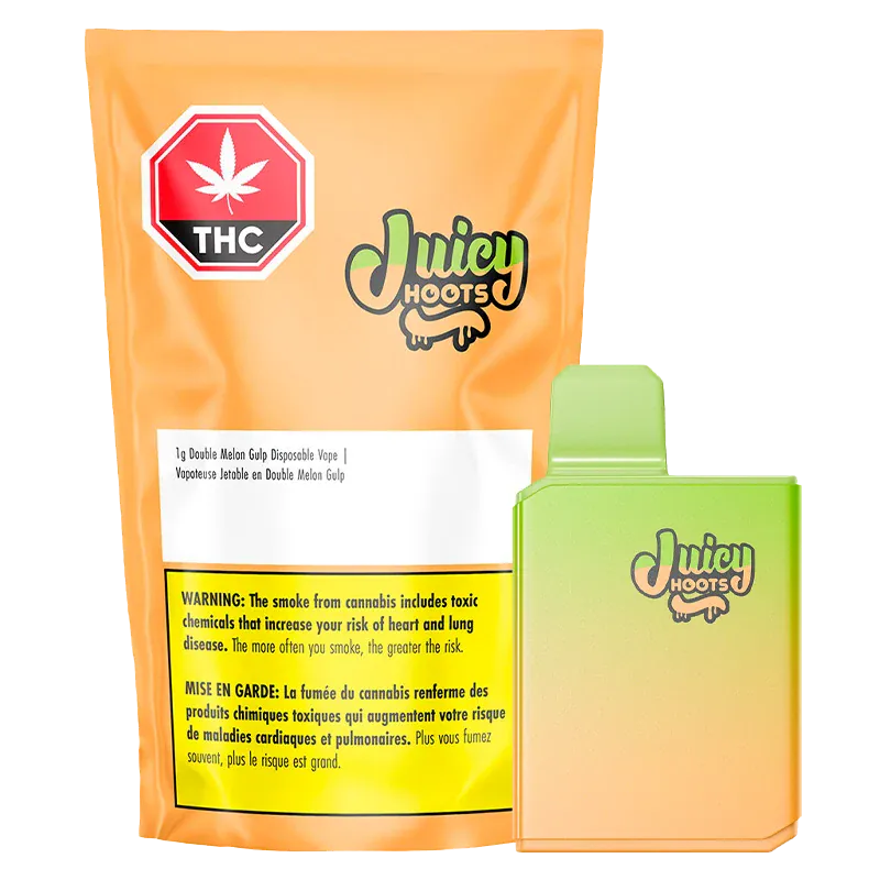 Front-facing shot of the Double Melon Gulp Disposable Vape showing an orange-yellow gradient device beside its orange pouch with Juicy Hoots branding and a THC warning.