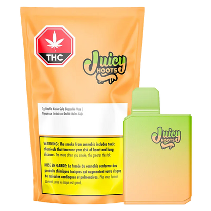 Front-facing shot of the Double Melon Gulp Disposable Vape showing an orange-yellow gradient device beside its orange pouch with Juicy Hoots branding and a THC warning.