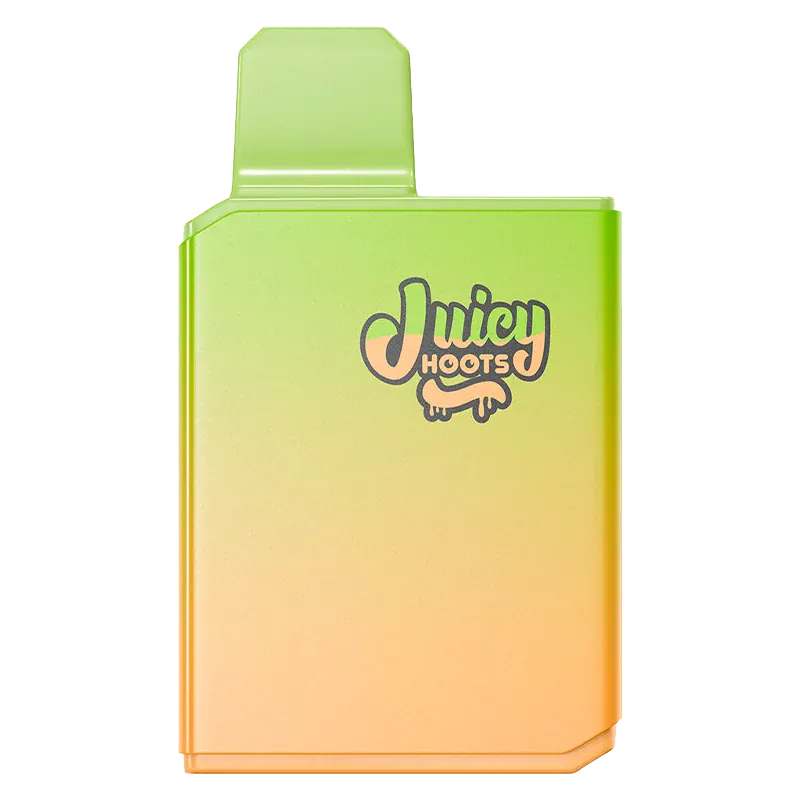 Front-facing view of the lime-to-peach gradient Double Melon Gulp Disposable Vape with a pop-style "Juicy Hoots" logo near the top.