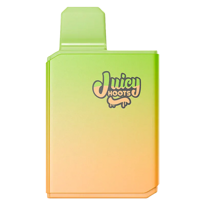 Front-facing view of the lime-to-peach gradient Double Melon Gulp Disposable Vape with a pop-style "Juicy Hoots" logo near the top.