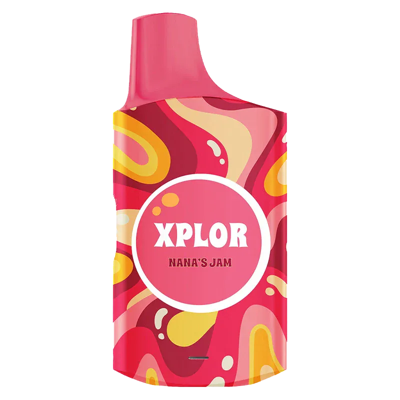 Front view of the colorful Nana's Jam Disposable Vape showing a pink, red, and yellow swirled pod with "XPLOR" logo centered.