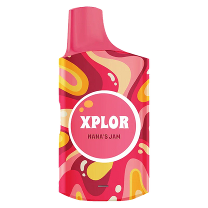 Front view of the colorful Nana's Jam Disposable Vape showing a pink, red, and yellow swirled pod with "XPLOR" logo centered.