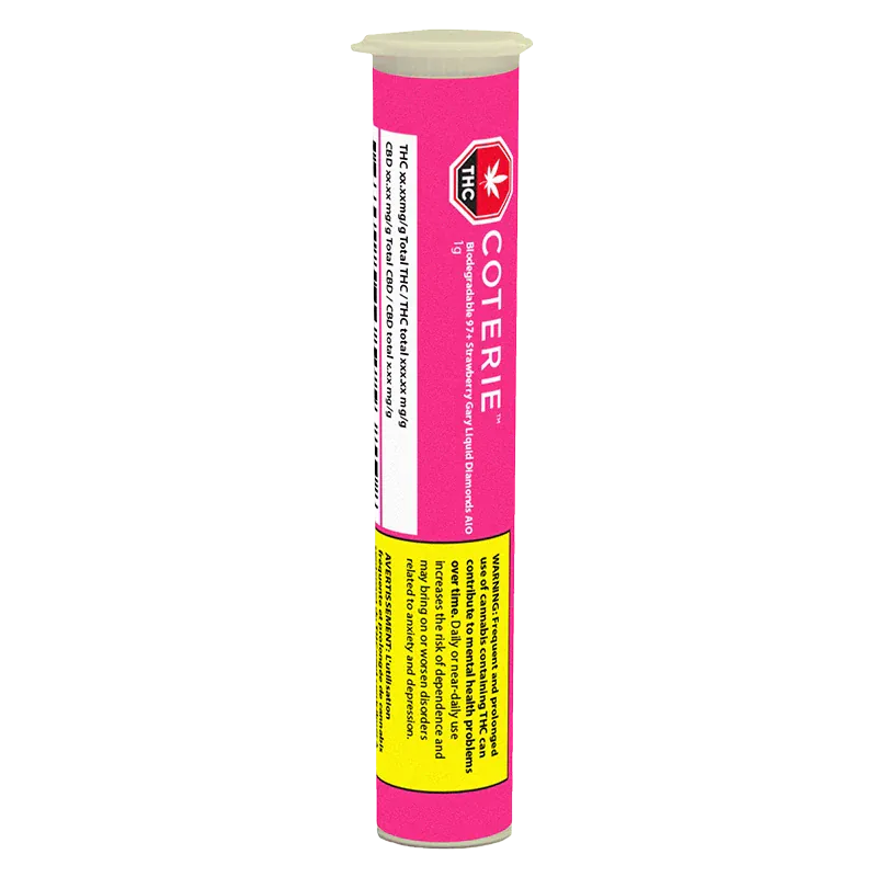 Vertical front view of a pink Biodegradable Strawberry Gary Liquid Diamonds Disposable Vape tube with a white cap and yellow warning label.