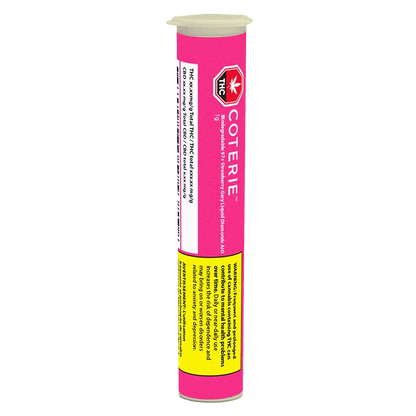 Vertical front view of a pink Biodegradable Strawberry Gary Liquid Diamonds Disposable Vape tube with a white cap and yellow warning label.
