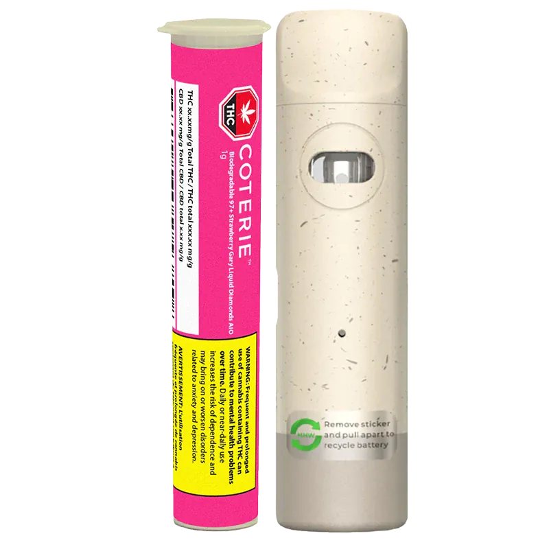 Vertical studio shot of the Biodegradable Strawberry Gary Liquid Diamonds Disposable Vape showing a speckled beige device with windowed mouthpiece next to its bright pink labeled 1 g cartridge tube