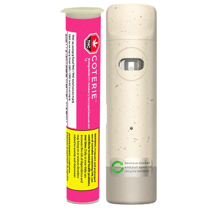 Vertical studio shot of the Biodegradable Strawberry Gary Liquid Diamonds Disposable Vape showing a speckled beige device with windowed mouthpiece next to its bright pink labeled 1 g cartridge tube