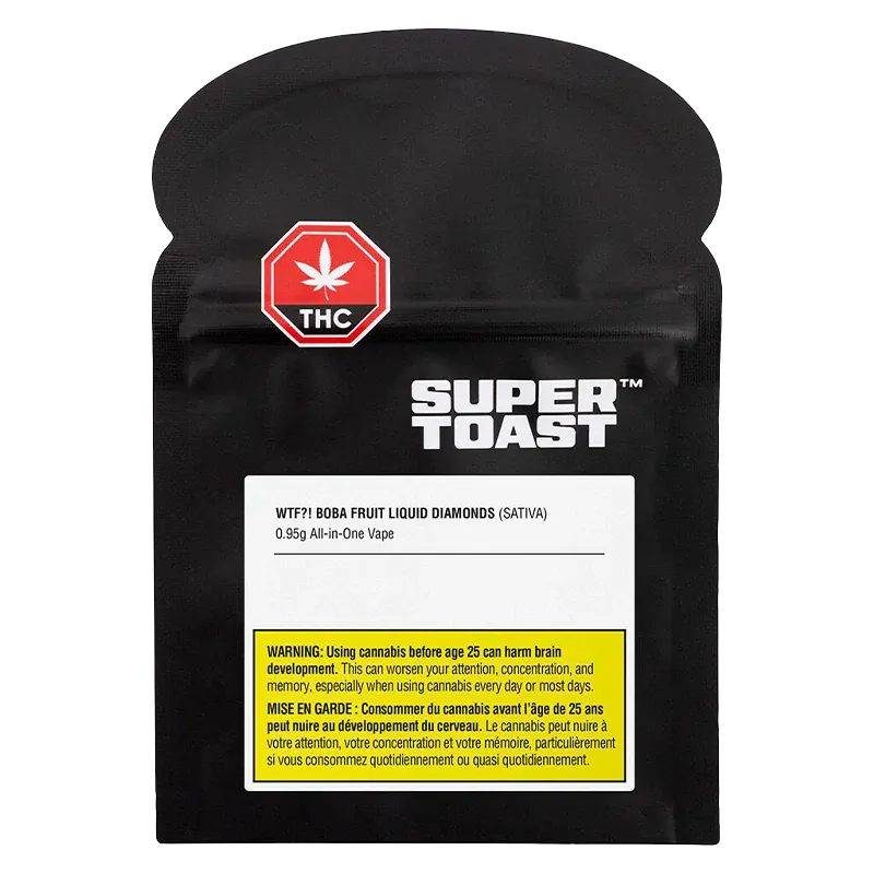 Front view of the black pouch packaging labeled SUPER TOAST featuring the WTF Boba Fruit Liquid Diamonds Disposable Vape name and a red THC symbol.