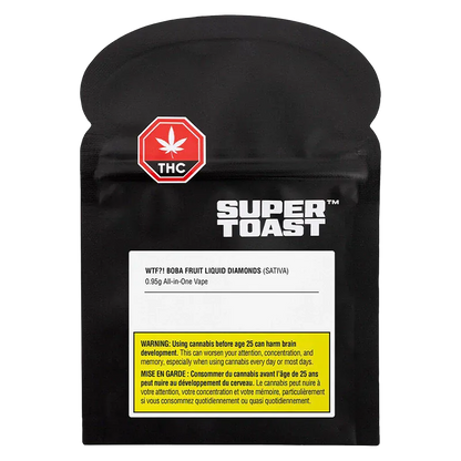 Front view of the black pouch packaging labeled SUPER TOAST featuring the WTF Boba Fruit Liquid Diamonds Disposable Vape name and a red THC symbol.