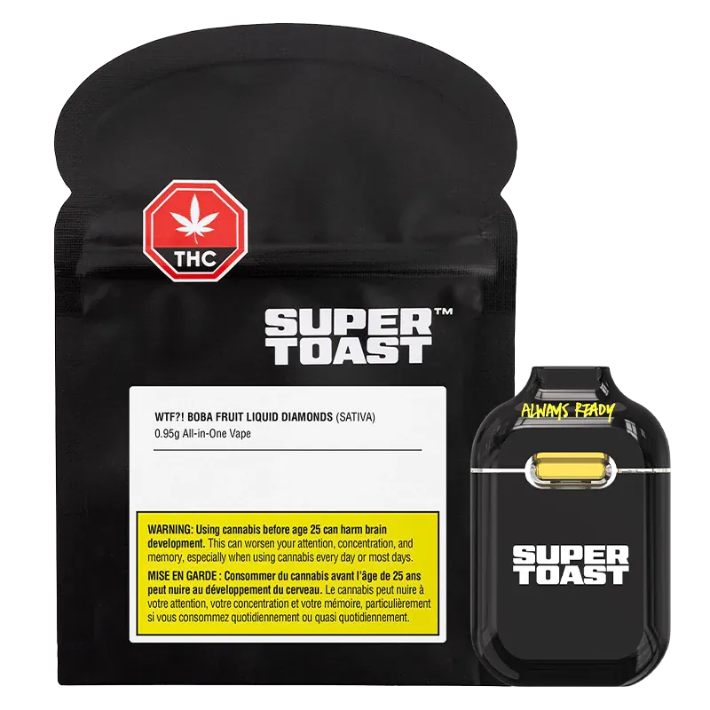 Front view of the black Super Toast WTF Boba Fruit Liquid Diamonds Disposable Vape pouch and device set against a white background.