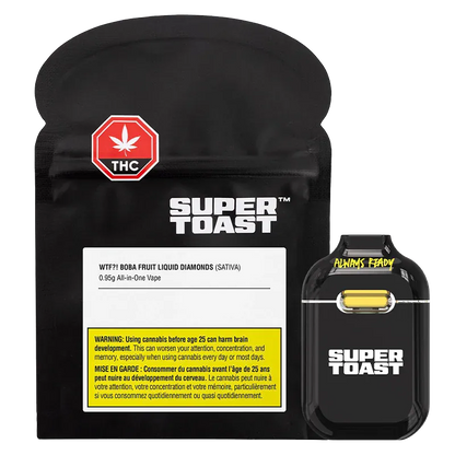 Front view of the black Super Toast WTF Boba Fruit Liquid Diamonds Disposable Vape pouch and device set against a white background.