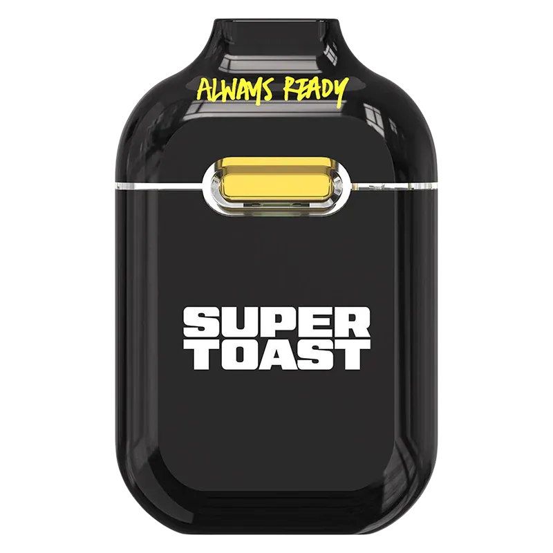 Top-down view of a glossy black WTF Boba Fruit Liquid Diamonds Disposable Vape with a yellow mouthpiece and "SUPER TOAST" branding on its face.