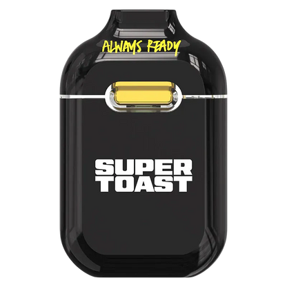 Top-down view of a glossy black WTF Boba Fruit Liquid Diamonds Disposable Vape with a yellow mouthpiece and "SUPER TOAST" branding on its face.