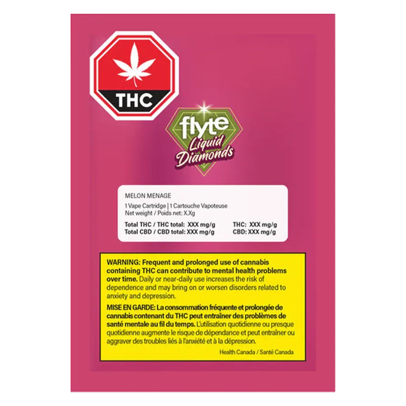Centered back-view of the pink packaging for Melon Menage Liquid Diamond Vape Cartridge showing a THC stop-sign icon, Flyte logo, and yellow health warning.