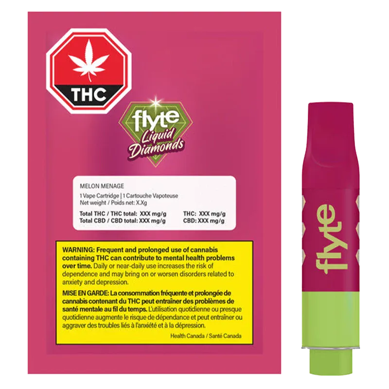Front-facing product shot of the Melon Menage Liquid Diamond Vape Cartridge showing the magenta and lime cartridge beside its matching magenta package with THC warning.
