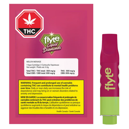 Front-facing product shot of the Melon Menage Liquid Diamond Vape Cartridge showing the magenta and lime cartridge beside its matching magenta package with THC warning.