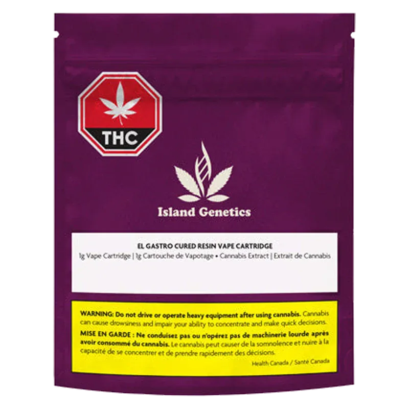 Flat front view of a purple pouch labeled Island Genetics El Gastro Cured Resin Vape Cartridge with logo, THC emblem, and a yellow warning box.