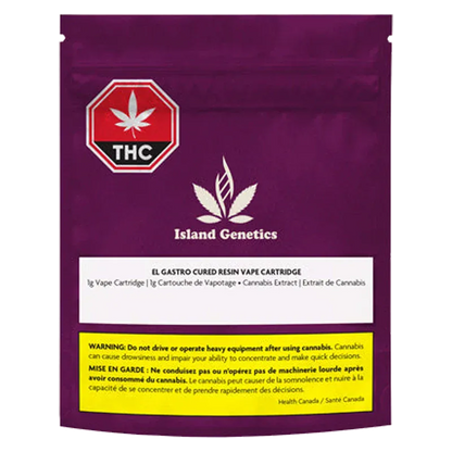 Flat front view of a purple pouch labeled Island Genetics El Gastro Cured Resin Vape Cartridge with logo, THC emblem, and a yellow warning box.