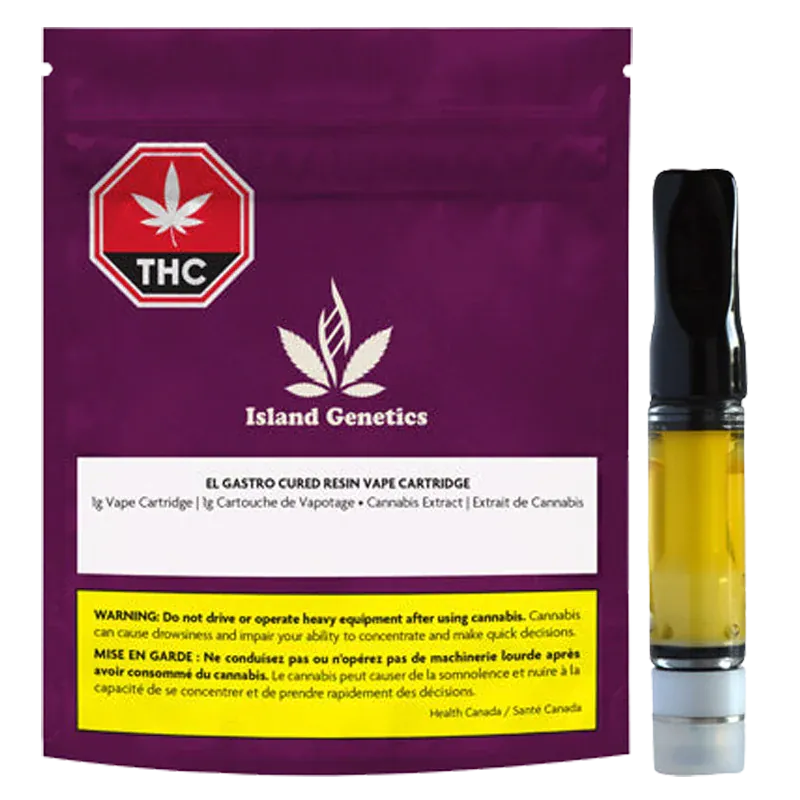 Front-facing shot of the El Gastro Cured Resin Vape Cartridge beside its purple Island Genetics pouch, showing the cartridge's golden oil and black mouthpiece.