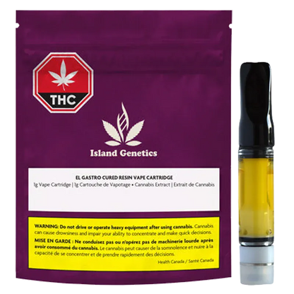 Front-facing shot of the El Gastro Cured Resin Vape Cartridge beside its purple Island Genetics pouch, showing the cartridge's golden oil and black mouthpiece.