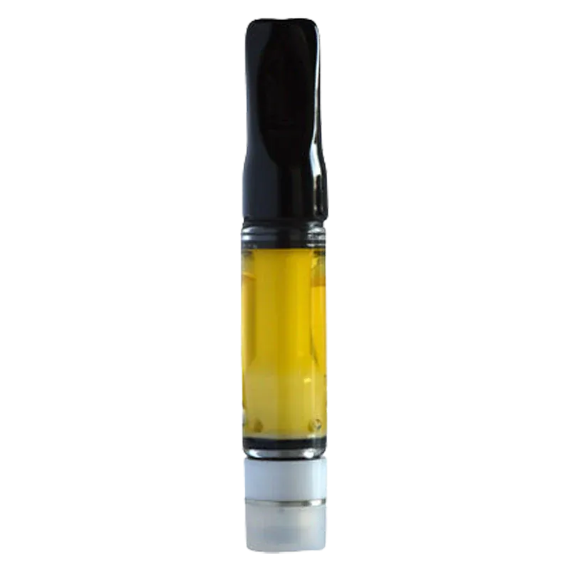 Straight-on view of an El Gastro Cured Resin Vape Cartridge showing its black mouthpiece and translucent glass tank filled with amber oil.