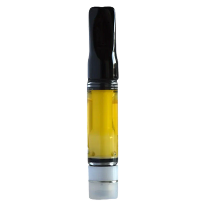 Straight-on view of an El Gastro Cured Resin Vape Cartridge showing its black mouthpiece and translucent glass tank filled with amber oil.