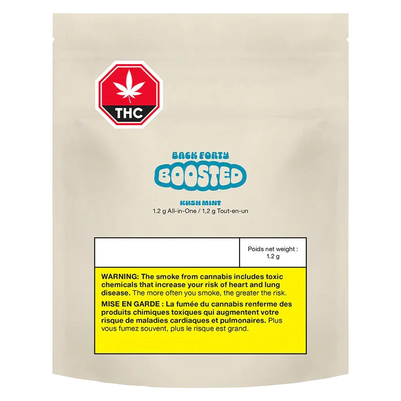 Centered front view of a beige pouch labeled "Kush Mint BOOSTED Disposable Vape" with a teal BOOSTED logo, red THC stop sign, and a yellow health warning panel.