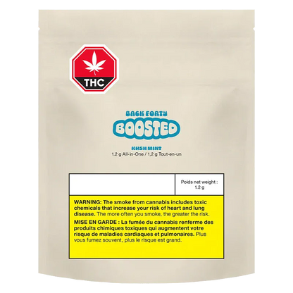 Centered front view of a beige pouch labeled "Kush Mint BOOSTED Disposable Vape" with a teal BOOSTED logo, red THC stop sign, and a yellow health warning panel.