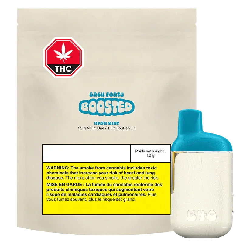Studio-lit front view of a beige pouch and teal-topped device labeled Kush Mint BOOSTED Disposable Vape, with a yellow THC warning panel.